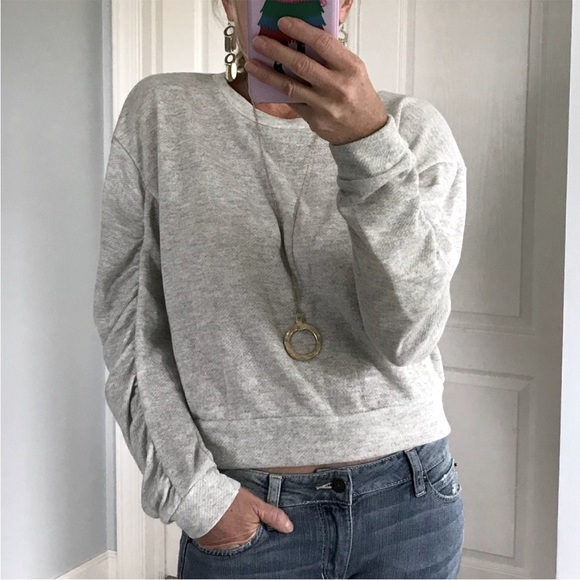 Tops - Grey Cropped, Ruched Sleeve Top